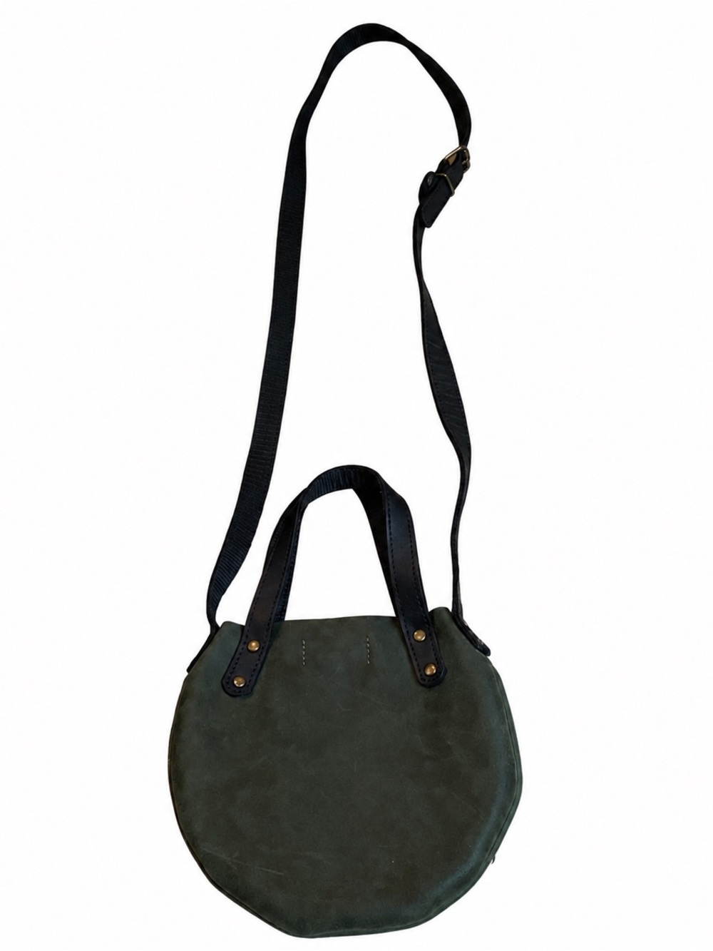 Adorable dark GREEN leather bag with adjustable black leather & canvas strap